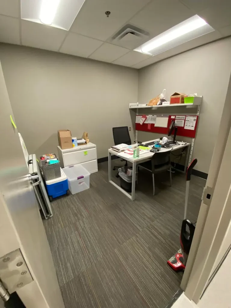 An office featuring a desk and a chair