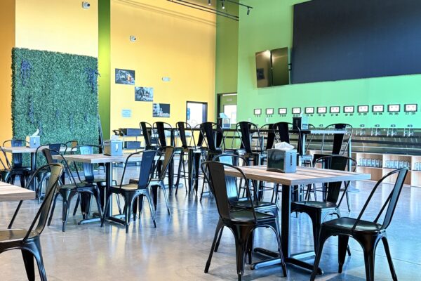 Finished dining area with custom seating, painted feature walls, and commercial interior finishes