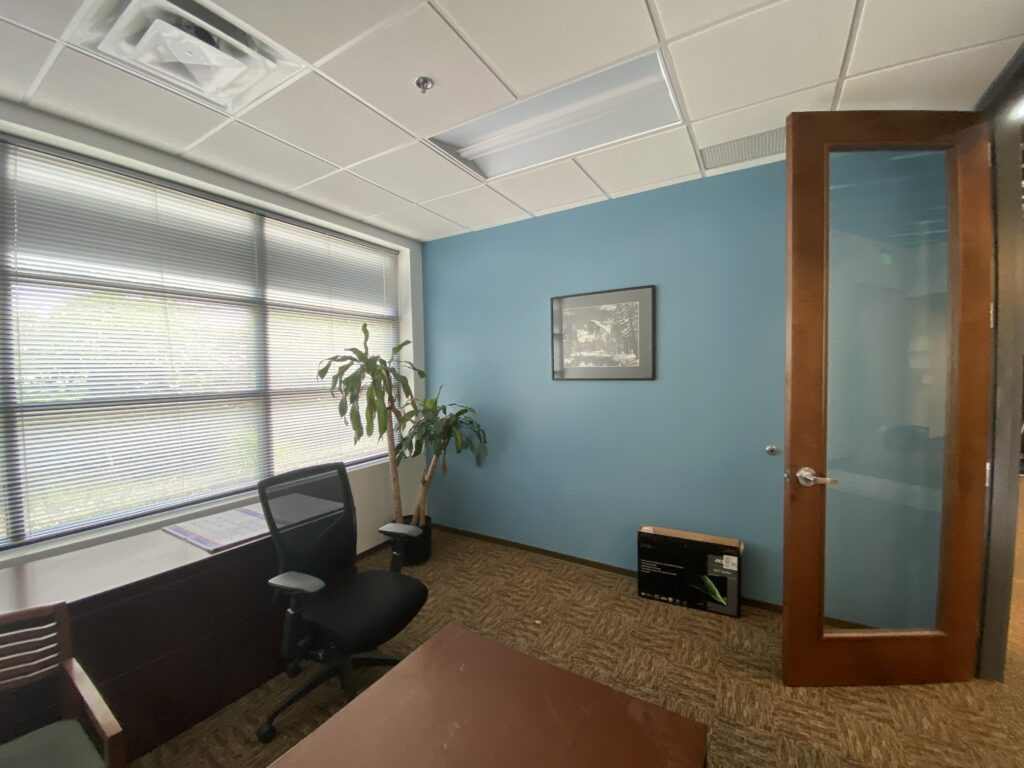 Finished private office in Decatur GA with blue accent wall, window, and carpet flooring