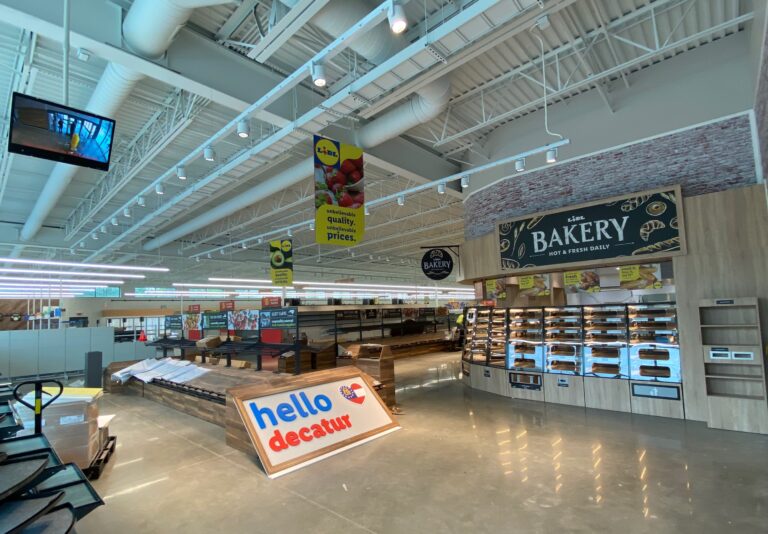 Lidl supermarket bakery department and retail sales floor nearing completion during final interior build-out in Decatur GA