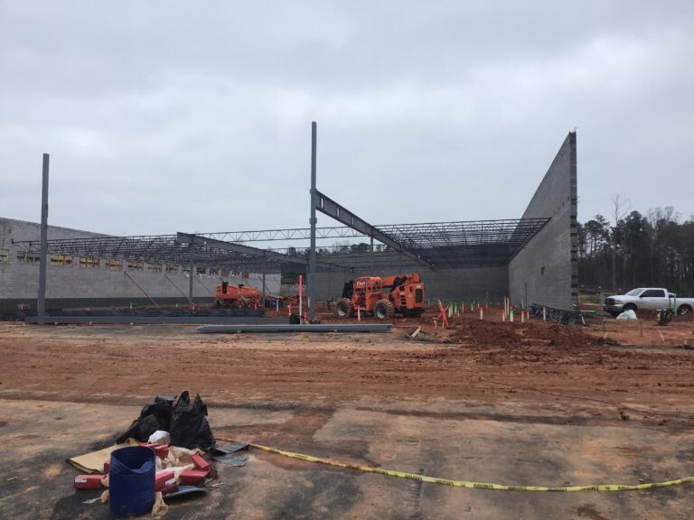 Lidl supermarket structural steel framing and bar joist installation during ground-up construction in Decatur GA