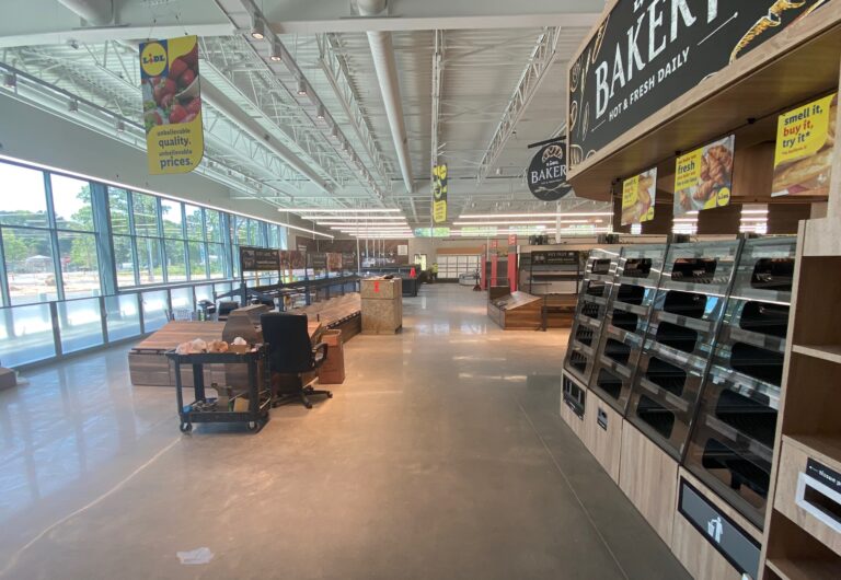 Lidl supermarket bakery area and storefront interior nearing completion in Decatur GA
