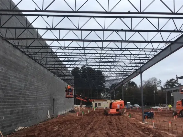 Lidl supermarket open web steel joist installation and structural framing during ground-up construction in Decatur GA
