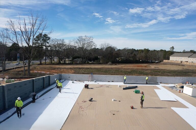 Lidl supermarket TPO roofing installation in progress during ground-up construction in Decatur GA